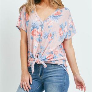 Soft Pink, Short Sleeve Tie Front Blouse